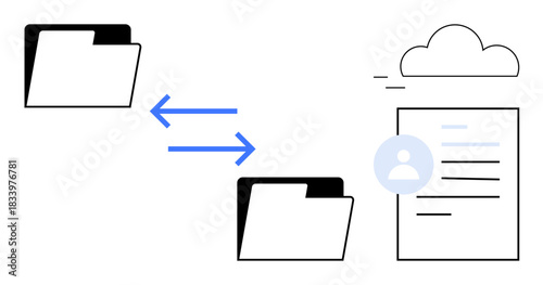 Data transfer, cloud storage, digital organization, online document sharing, workflow management, remote access. Arrows connecting folders and cloud icon with document. Data transfer and cloud