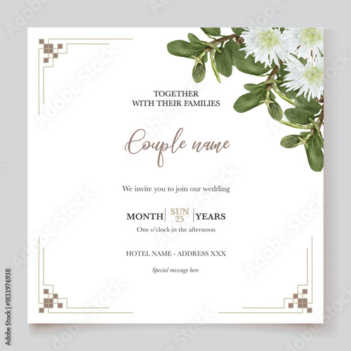 WEDDING INVITATION FRAME WITH FLOWER DECORATIONS AND FRESH LEAVES