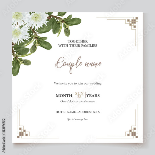 WEDDING INVITATION FRAME WITH FLOWER DECORATIONS AND FRESH LEAVES