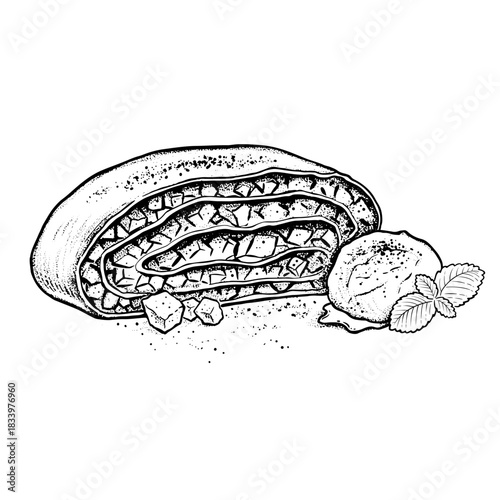 Vintage Style Drawing of Apple Strudel⁠
