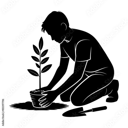 silhouette of person planting young sapling in soil while kneeling for eco growth and nature vector design