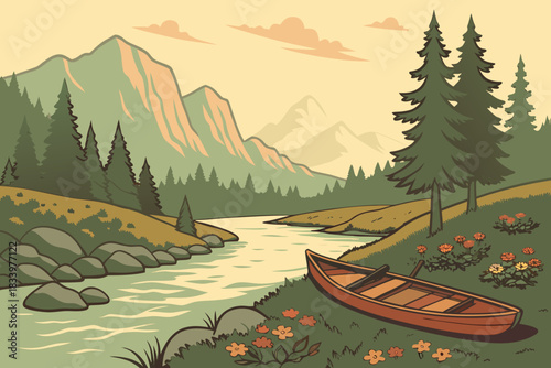Canoe by the river in a mountain landscape