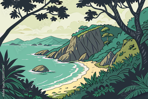 Tropical beach coastline with jungle