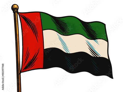 UAE flag waving on a pole, featuring red, green, white, and black colors in bold sketch style. Generative ai vector colorful pop art illustration.
