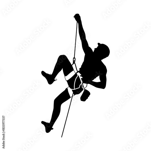 black silhouette rock climbing man with safety rope extreme sport adventure vector illustration