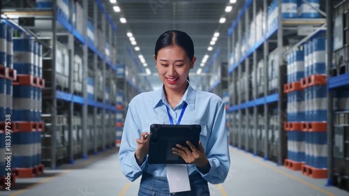 Wallpaper Mural Asian Female With Her Tablet at Warehouse Aisle with Chemical or Oil Barrels on Pallet Racking, Work Continuously With Her Tablet Torontodigital.ca