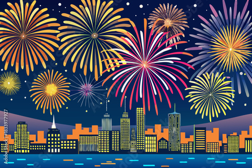 Fireworks over city skyline