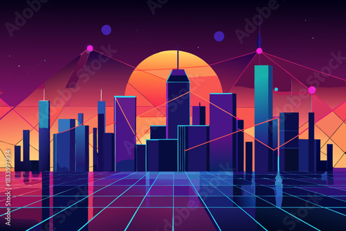 Cityscape skyline at sunset with retro wave style