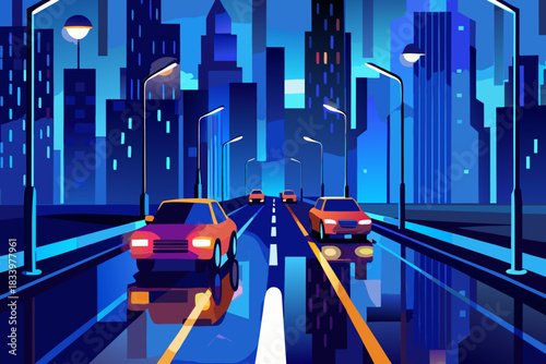 City street at night with cars