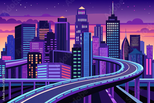 Cityscape with elevated highway at dusk