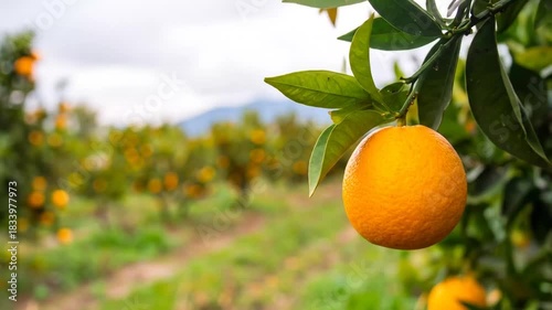 Orange Tree with Ripe Fruit in Orchard