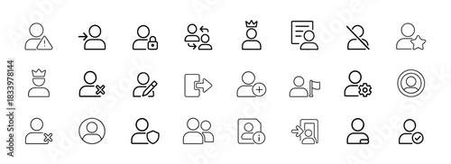 User account line icon set. Vector pictograms of profile avatar, login, admin, guest, details, list, info, secure, identity, access, manage, contact, thin linear illustration.