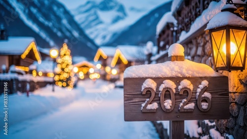Snow-covered '2026' sign and lantern by an illuminated mountain village at dusk