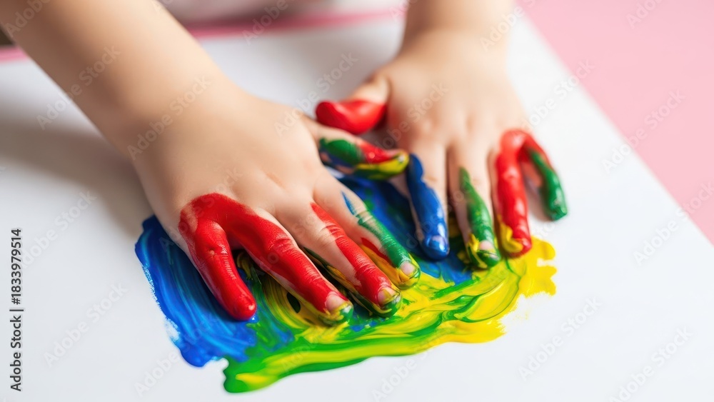 Fototapeta premium Tiny hands exploring vibrant finger paint on white paper, making colorful art