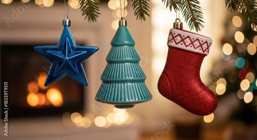 Three colorful festive ornaments hang from pine branch above a blurred warm fireplace