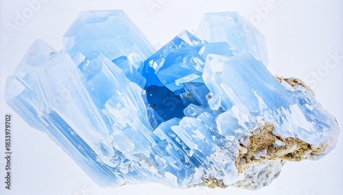 Obraz na płótnie A single piece of raw celestite with pale blue color and crystal clusters, isolated on white background