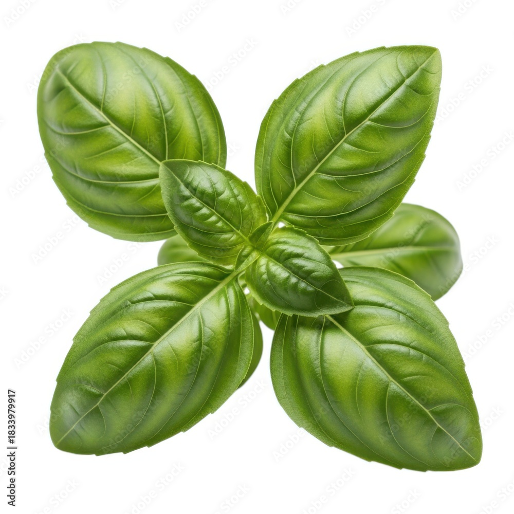 Fototapeta premium Fresh green basil leaves with a vibrant aroma isolated on white background