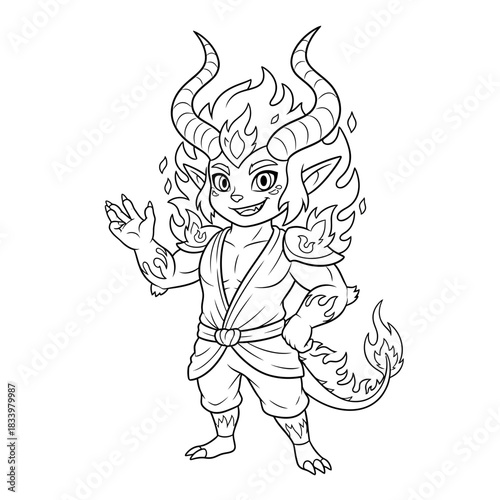 Chibi Dragon Demon with Fire Wings and Horns Line Art Fantasy Character Design
