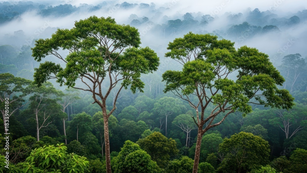Obraz premium Two tall trees rise above a dense, misty, green tropical rainforest canopy at dawn