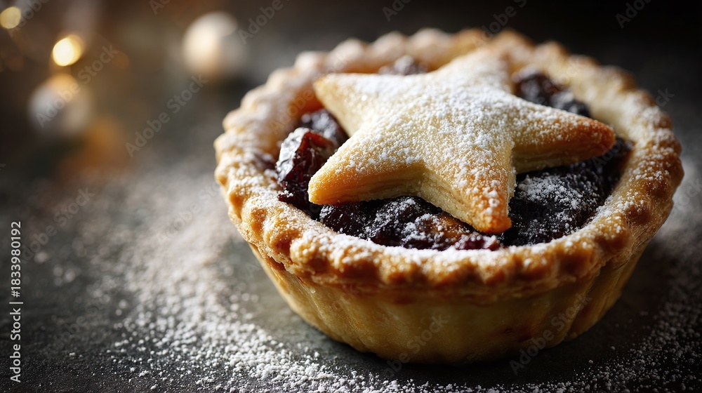Fototapeta premium Close-up of a delicious mince pie dusted with powdered sugar, topped with a star-shaped pastry, and set against a festive background with blurred lights. Perfect for the holidays.