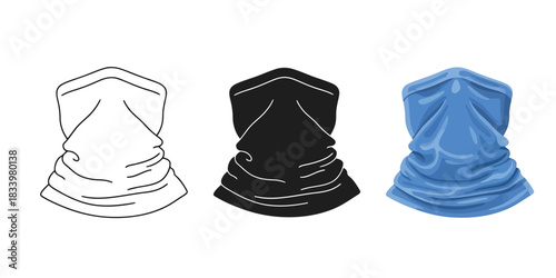 Three Neck gaiter or bandana icons showing outline, solid black, and blue realistic fabric style
