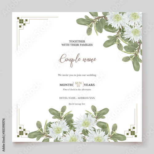 WEDDING INVITATION FRAME WITH FLOWER DECORATIONS AND FRESH LEAVES