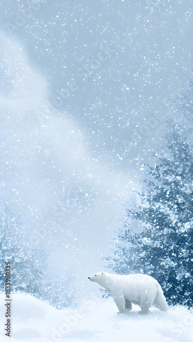 Lonely Polar Bear in a Snowy Winter Forest
