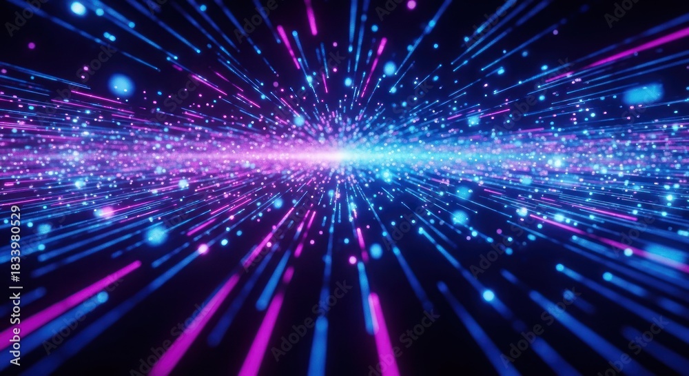 Fototapeta premium Vibrant blue and magenta light streaks and dots explode from a central glow