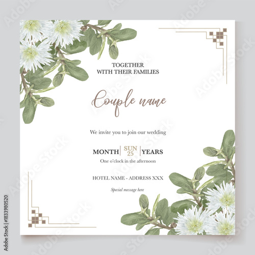 WEDDING INVITATION FRAME WITH FLOWER DECORATIONS AND FRESH LEAVES