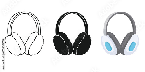 Set of three earmuffs icons in outline, solid black, and color illustration style