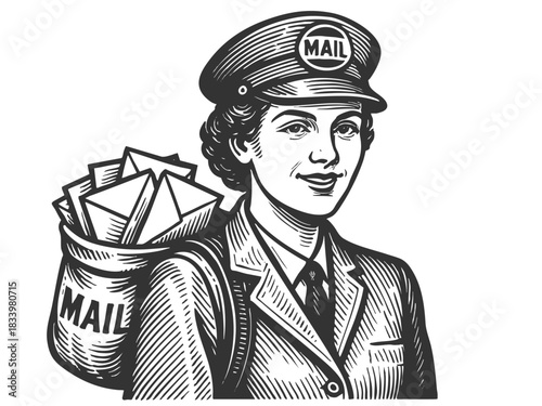 smiling female postal worker in uniform, carrying a mailbag full of envelopes sketch engraving generative ai fictional character vector illustration. Scratch board imitation. Black and white image.