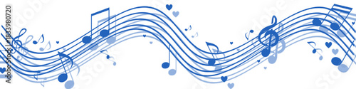A whimsical musical design featuring a wavy blue music staff with notes and small hearts. The design includes shadows, giving it a 3D effect on a clean white background.