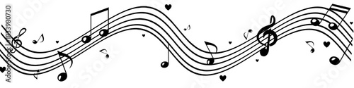 a whimsical musical staff with flowing lines, notes, and hearts in black and white