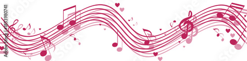 An illustration of a wavy musical staff adorned with magenta musical notes and small hearts. The design has a soft, romantic feel against a white background.