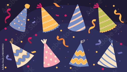 Set of colored party hats with different patterns and pompons. Holiday cone caps collection. Birthday celebration. Festive fun accessory. Vector flat illustration isolated on blue background