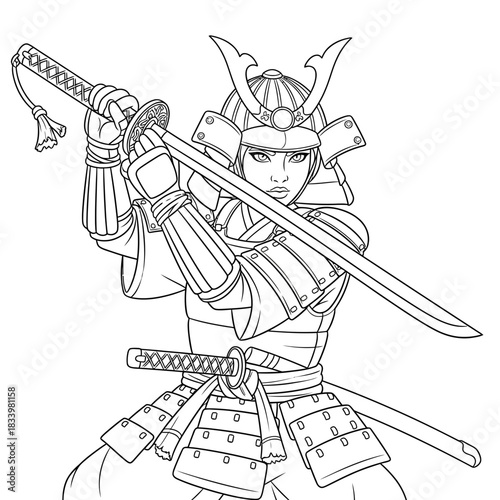 Strong Female Samurai Warrior Holding a Katana Sword Line Art Drawing