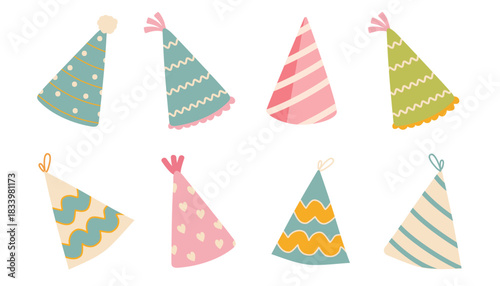 Set of colored party hats with different patterns and pompons. Holiday cone caps collection. Birthday celebration. Festive fun accessory. Vector flat illustration isolated on white background