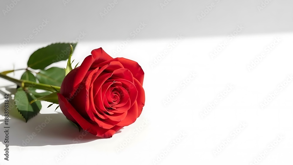 Fototapeta premium Single Red Rose on White Background: Love, Romance, Valentine's Day