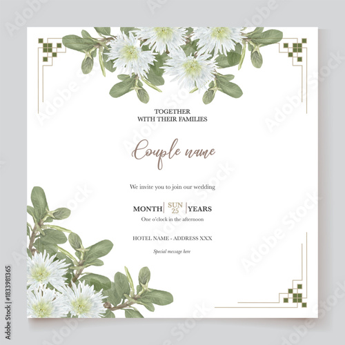 WEDDING INVITATION FRAME WITH FLOWER DECORATIONS AND FRESH LEAVES