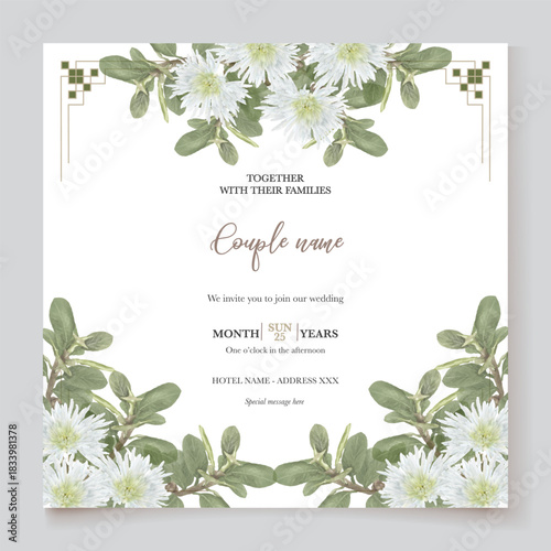 WEDDING INVITATION FRAME WITH FLOWER DECORATIONS AND FRESH LEAVES
