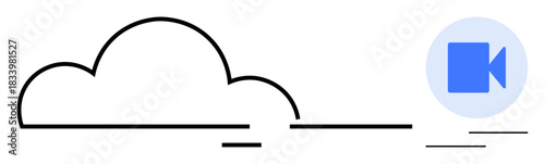 Cloud services, online storage, video call apps, online meetings, data sharing, virtual communication. A cloud symbol and blue video camera icon. Cloud services and video call apps concept