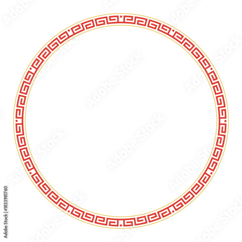 Chinese meander pattern, circle frame with Greek key pattern. Decorative round border with golden lines, consisting of red right-angled double spirals, seamlessly connected and decorated with 12 dots.