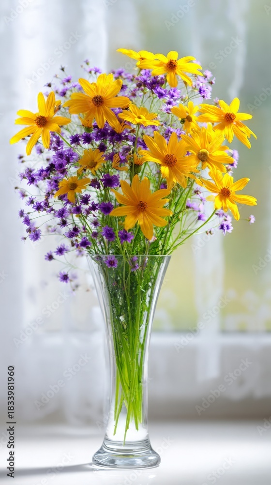 Obraz premium Yellow and purple flowers stand tall in clear glass vase, soft light filters through background.
