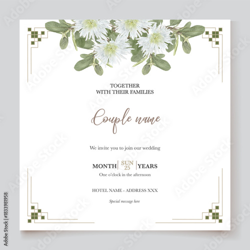 WEDDING INVITATION FRAME WITH FLOWER DECORATIONS AND FRESH LEAVES