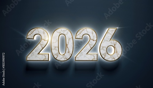 Elegant glowing 2026 numbers with marble texture and golden outline on a dark background.
