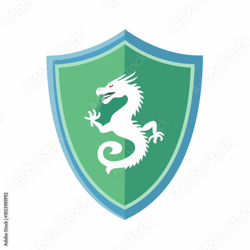 Green Shield with White Dragon Emblem Red Eye Fantasy Crest.