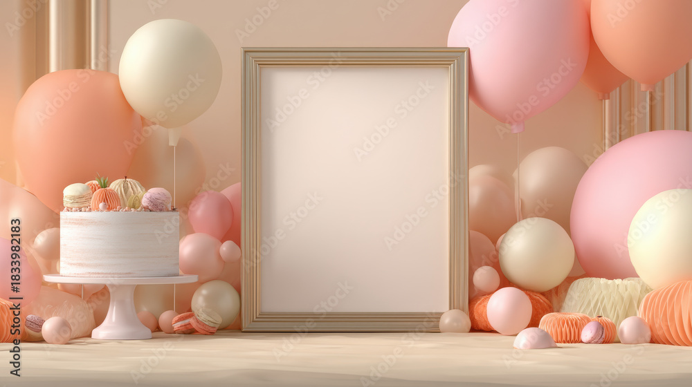 Fototapeta premium Blank picture frame with pastel balloons and cake on wooden floor for celebration or party background