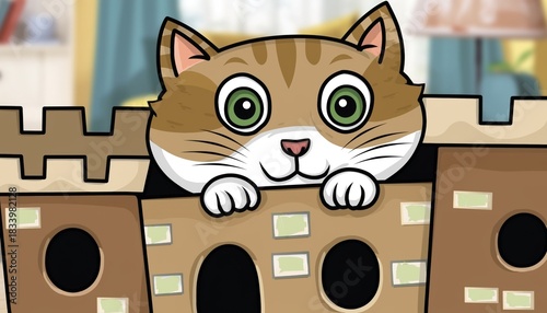 Cute cartoon tabby cat with big green eyes peeking over a cardboard castle fort in a room.