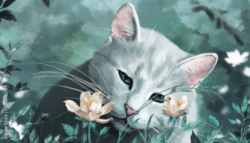 A beautiful white cat with green eyes gently smelling two pale flowers amidst lush green and teal foliage, rendered in a soft, artistic style.