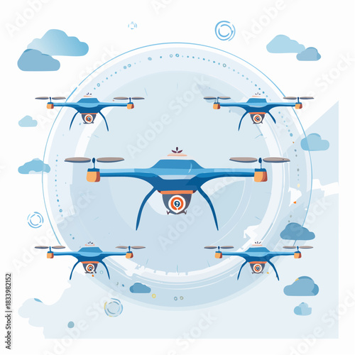 Group of Blue Drones with Cameras in Formation.